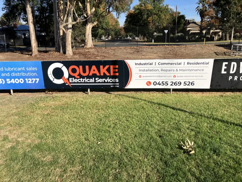 Quake Electrical Services sponsor banner at South Bendigo Football Netball Club